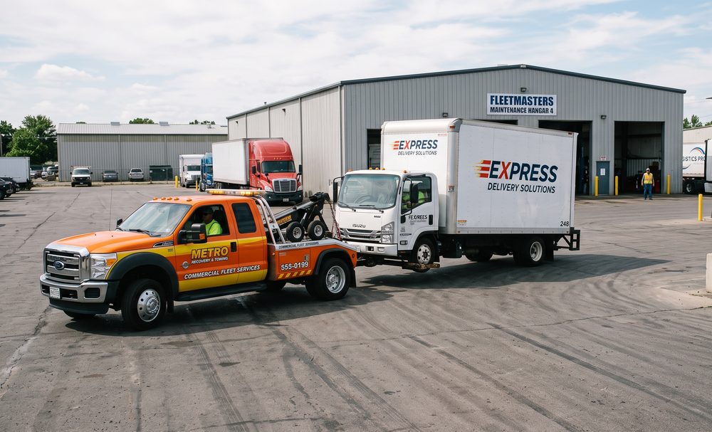 A tow truck towing a commercial box truck for a fleet account